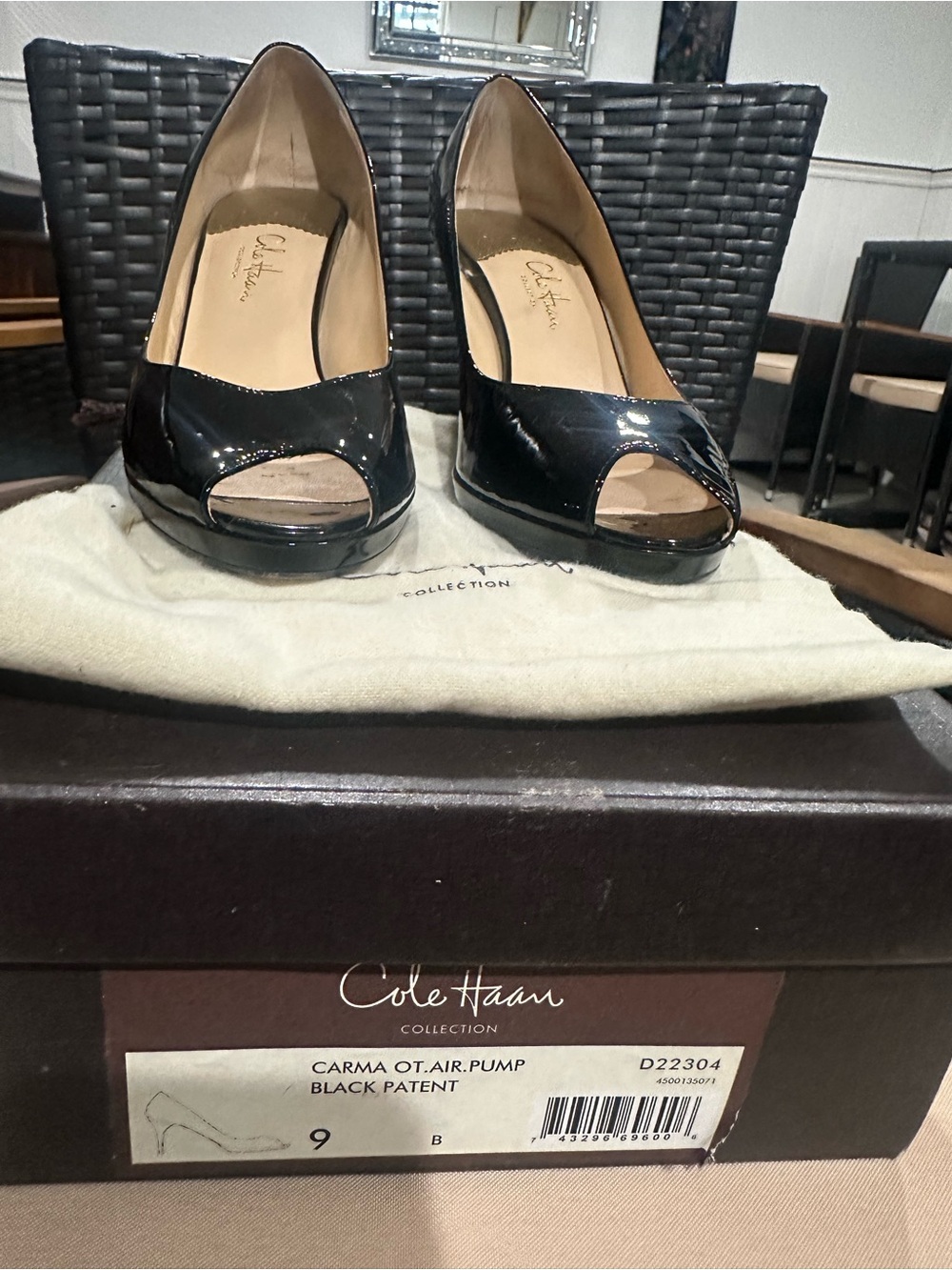 Cole Haan Black Patent Peep-Toe Pumps